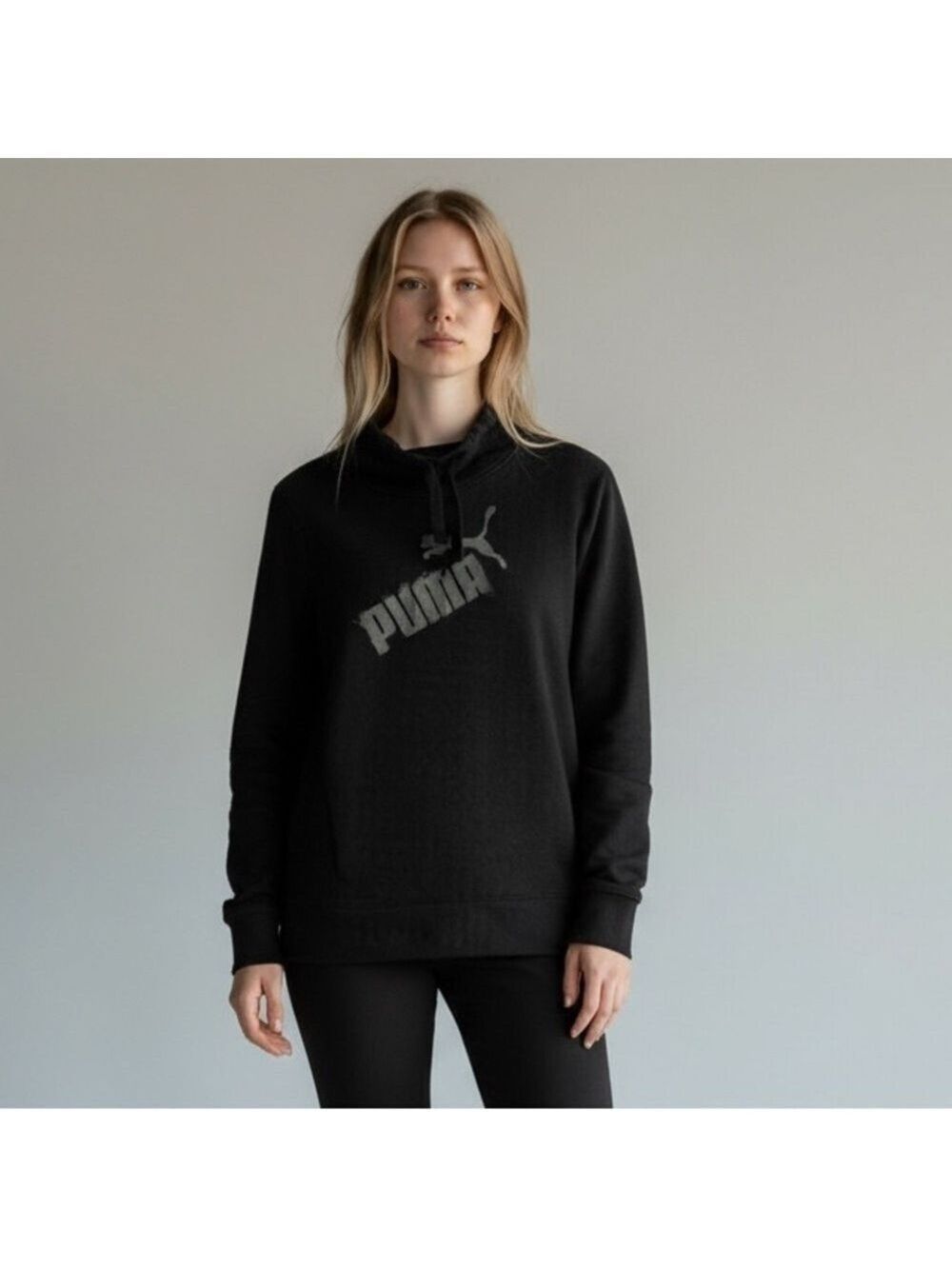 Puma branded sweatshirt drawstring cowl neck with kangaroo pocket black Size XS